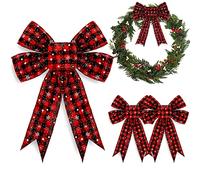 Whaline Large Buffalo Plaid Bows Christmas Wreath Bows 12 x 10in Bows Tree Bows Decoration Burlap Bows for Xmas Party New Year 4pcs, Red