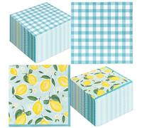 Whaline Lemon Luncheon Napkins Spring Summer Disposable Paper Napkin Reversible Blue Plaids Lemon Dessert Dinner Hand Napkin for Wedding Baby Shower Birthday, 50Pcs