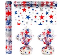 Whaline Patriotic Cellophane Wrap Roll 100ft x 16In 2.5Mil Red Gray Blue Stars Cellophane Paper 4th of July Crystal Clear Cello Wrapping Paper for Independence Day Treats Gifts Basket Party Favor