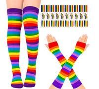 Whaline Rainbow Thick Knee High Socks Stripe Arm Warmer Gloves with 30 Pcs Gay Pride Tattoos for Women Girls Cosplay Party Accessory Parade Decoration, Rainbow Color, M