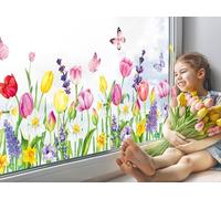 Whaline Spring Tulip Floral Window Cling Stickers Large Flower Butterfly Windows Decals Reusable Colorful Floral Bouquet Window Decoration for Party Home Shop Display, 2 Sheets
