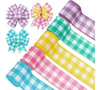 Whaline Spring Wired Edge Ribbon 30 Yards Pastel Gingham Patterned Ribbon Colorful Buffalo Plaids Craft Fabric Ribbon for Easter Wreath Bow Making DIY Crafts Wrapping Supplies, 5 Rolls