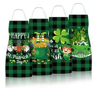 Whaline St. Patrick's Day Aprons 4 Pack Green Black Plaid Chef Cooking Aprons Shamrock Gnome Clover Adjustable Washable Kitchen Apron Collection for Irish Holiday Dinner Baking BBQ Grilling Supplies