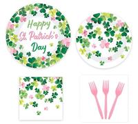 Whaline St. Patrick's Day Tableware Set Serves 24 Pink Green Shamrock Clover Paper Plates Napkins Forks Disposable Dinnerware for Irish Holiday Party Baby Shower Table Decor Supplies