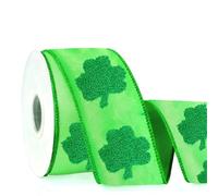 Whaline St. Patrick's Day Wired Edge Ribbon 2.7 Inch Green Shamrock 3D Velvet Embossed Decorative Fabric Ribbon for Wreath Bow DIY Craft Gift Wrapping Holiday Party Supplies, 5 Yards