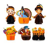 Whaline Thanksgiving Honeycomb Decoration Kit Paper Turkey Pumpkin Centerpiece Fall Harvest Honeycomb Table Topper Indians Standing Tissue Pompoms Playmates for Home Kitchen Fireplace, 6 Pack