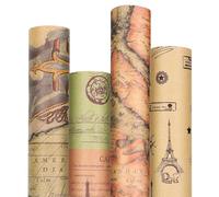 Whaline Vintage World Map Wrapping Paper - Not Roll - Retro Famous Building Gift Wrap Paper Folded Flat Kraft DIY Craft Art Paper for Wedding Birthday Party Decor Supplies, 8 Sheets