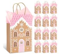 Whaline Winter Paper Gift Bags with Handles Xmas Pink Gingerbread Snow House Shaped Treat Candy Goodies Bags with Tissue Paper for Christmas Holiday Baby Shower Party Favors Housewarming Gifts, 12 Set