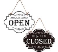 Whaline Wooden Store Open and Closed Business Sign Two Sided Reversible Store Hanging Sign White Black Vintage Open Closed Sign for Coffee Bar Shop Door Window Decoration, 11.8 x 8.7 Inch