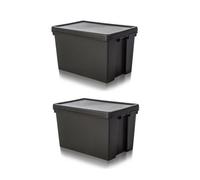 Shop4allsorts 2 x Large Black Heavy Duty Storage Box 45L Upcycled Recycled Plastic Box With Lid 49cm x 39cm x 32cm