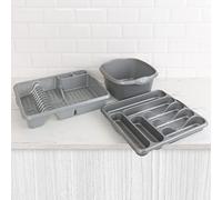 Wham 3 Piece Casa Plastic Kitchen Set Silver (38cm Rectangular Bowl, Large Cutlery Tray & Large Dish Drainer)