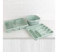 Wham 3 Piece Casa Plastic Kitchen Set Silver Sage (38cm Rectangular Bowl, Large Cutlery Tray & Large Dish Drainer)
