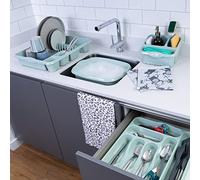 Wham 4 Piece Casa Plastic Kitchen Set (38cm Rectangular Bowl, Large Cutlery Tray, Large Dish Drainer & Sink Tidy) (Silver Sage)