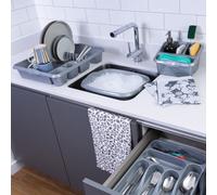 Wham 4 Piece Casa Plastic Kitchen Set (38cm Rectangular Bowl, Large Cutlery Tray, Large Dish Drainer & Sink Tidy) (Silver)