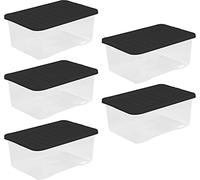 Wham 45 Liter Storage Clear Heavy Duty Plastic Storage Box Boxes With Lids Home Office Stackable Nestable, Set of 5 Large Storage Boxes With Lids 60 x 40 x 25 cm - LIDS ARE CLEAR