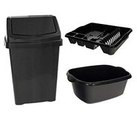 Wham Black Plastic 50Lt Waste Bin Dish Drainer & Rectangular Washing Up Bowl Set