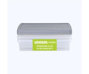 Wham Box 3 x 14.75L Stackable Plastic Storage Boxes with Lids | Ideal for Home, Office, Toys & More | Secure, Ribbed Clip-On Lid for Added Strength | Made in UK - Clear/Steel