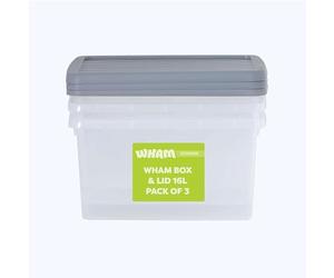 Wham Box 3 x 16L Stackable Plastic Storage Boxes with Lids | Ideal for Home, Office, Toys & More | Secure, Ribbed Clip-On Lid for Added Strength | Made in UK - Clear/Steel