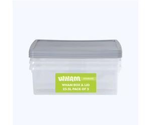 Wham Box 3 x 23.5L Stackable Plastic Storage Boxes with Lids | Ideal for Home, Office, Toys & More | Secure, Ribbed Clip-On Lid for Added Strength | Made in UK - Clear/Steel