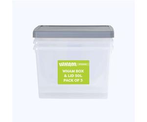 Wham Box 3 x 50L Stackable Plastic Storage Boxes with Lids | Ideal for Home, Office, Toys & More | Secure, Ribbed Clip-On Lid for Added Strength | Made in UK - Clear/Steel