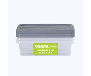 Wham Box 3 x 8L Stackable Plastic Storage Boxes with Lids | Ideal for Home, Office, Toys & More | Secure, Ribbed Clip-On Lid for Added Strength | Made in UK - Clear/Steel