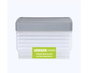 Wham Box 6 x 14.75L Stackable Plastic Storage Boxes with Lids | Ideal for Home, Office, Toys & More | Secure, Ribbed Clip-On Lid for Added Strength | Made in UK - Clear/Steel