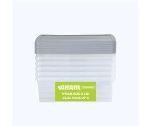 Wham Box 6 x 23.5L Stackable Plastic Storage Boxes with Lids | Ideal for Home, Office, Toys & More | Secure, Ribbed Clip-On Lid for Added Strength | Made in UK - Clear/Steel