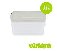 Wham Clip 3X 13.2L Square Plastic Storage Boxes With Clip Lock Lids. Ideal For Home, Office, Toys & More - Clear/stone
