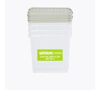 Wham Clip 4 x 14L Square Stackable Plastic Storage Boxes with Lids | Ideal for Home, Office, Toys & More | Storage Containers with Clip Locks | Made in UK - Clear/Stone
