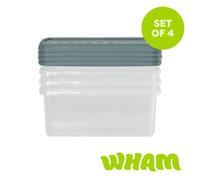Wham Clip 4X 10.5L Rectangular Plastic Storage Boxes With Clip Lock Lids. Ideal For Home, Office, Toys & More - Clear/green Milieu
