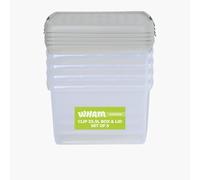 Wham Clip 5 x 25.5L Square Stackable Plastic Storage Boxes with Lids | Ideal for Home, Office, Toys & More | Storage Containers with Clip Locks | Made in UK - Clear/Stone