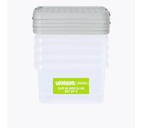 Wham Clip 5X 9L Square Plastic Storage Boxes With Clip Lock Lids. Ideal For Home, Office, Toys & More - Clear/stone