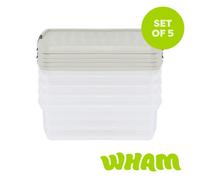 Wham Clip 5X 13.2L Square Plastic Storage Boxes With Clip Lock Lids. Ideal For Home, Office, Toys & More - Clear/stone