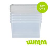 Wham Clip 5X 14L Rectangular Plastic Storage Boxes With Clip Lock Lids. Ideal For Home, Office, Toys & More - Clear/stone