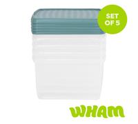 Wham Clip 5X 25.5L Square Plastic Storage Boxes With Clip Lock Lids. Ideal For Home, Office, Toys & More - Clear/green Milieu
