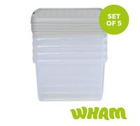 Wham Clip 5X 25.5L Square Plastic Storage Boxes With Clip Lock Lids. Ideal For Home, Office, Toys & More - Clear/stone