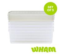 Wham Clip 5X 30L Rectangular Plastic Storage Boxes With Clip Lock Lids. Ideal For Home, Office, Toys & More - Clear/stone