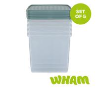 Wham Clip 5 x 37L Square Stackable Plastic Storage Boxes with Lids | Ideal for Home, Office, Toys & More | Storage Containers with Clip Locks | Made in UK - Clear/Green Milieu