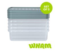 Wham Clip 5 x 8.5L Rectangular Stackable Plastic Storage Boxes with Lids | Ideal for Home, Office, Toys & More | Storage Containers with Clip Locks | Made in UK - Clear/Green Milieu
