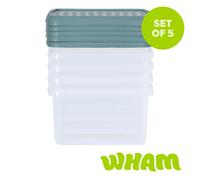 Wham Clip 5X 9L Square Plastic Storage Boxes With Clip Lock Lids. Ideal For Home, Office, Toys & More - Clear/green Milieu