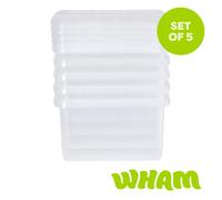 Wham Clip 5X 9L Square Plastic Storage Boxes With Clip Lock Lids. Ideal For Home, Office, Toys & More - Clear/clear
