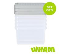 Wham Clip 5X 9L Square Plastic Storage Boxes With Clip Lock Lids. Ideal For Home, Office, Toys & More - Clear/stone