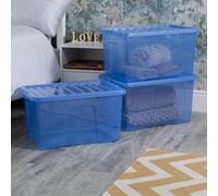 Wham Crystal Sparkle 3x 60L Plastic Storage Boxes with Lids Tint Sparkle Blue. Large Size, Strong (Pack of 3)