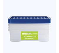 Wham Crystal 32L Stackable Plastic Storage Clear Boxes with Stronger Colour Lids | Ideal for Home, Office, Toys & More | Medium Boxes (Pack 4, Blue Lid)