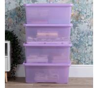 Wham Crystal 4 x 45L Stackable Plastic Storage Boxes with Lids | Ideal for Home, Office, Toys & More | Large Boxes | Made in UK - Sparkle Lavender