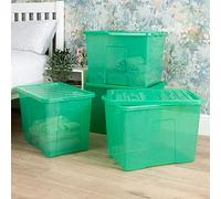 Wham Crystal 4x 80L Plastic Storage Boxes with Lids Tint Leprechaun Green. Large Size, Strong (Pack of 4, 80 Litre). Made in the UK