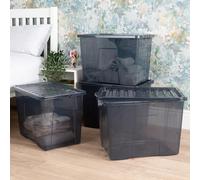 Wham Crystal 4x 80L Plastic Storage Boxes with Lids Tint Smoke (Black). Large Size, Strong (Pack of 4, 80 Litre). Made in the UK