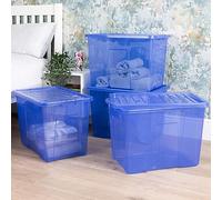 Wham Crystal 4x 80L Plastic Storage Boxes with Lids Tint Spectrum Blue. Large Size, Strong (Pack of 4, 80 Litre). Made in the UK