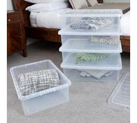 Wham Crystal 5x 32L Plastic Storage Boxes with Lids. Medium Size, Under Bed Storage, Strong, Stackable, Nestable (Pack of 5, 32 Litre). Made in the UK (Clear)
