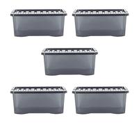 Wham Crystal 5 x 45L Stackable Plastic Storage Boxes with Lids | Ideal for Home, Office, Toys & More | Large Boxes | Made in UK - Smoke
